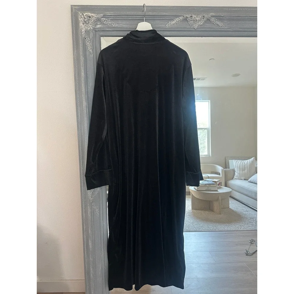 Lauren Ralph Lauren Black Velvet Zip Front Robe Caftan Long Sleeve Crest Logo L